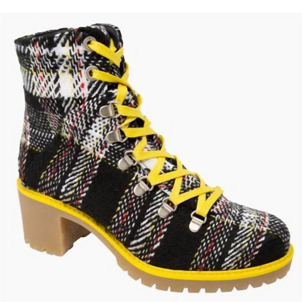 NEW ERIC MICHAEL women indigo lace up boots in yellow plaid